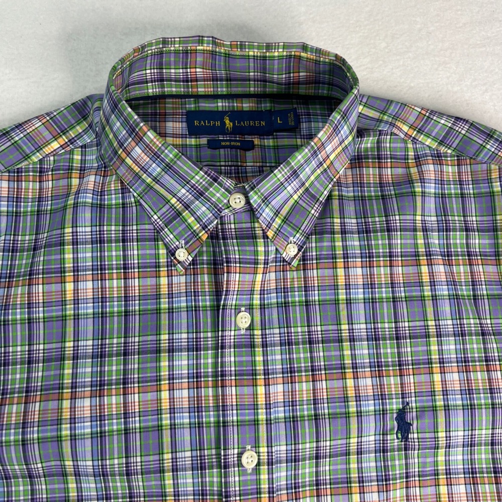 Ralph Lauren Mens Large Pastel Plaid Button Down‎ Shirt Purple Green Long Sleeve